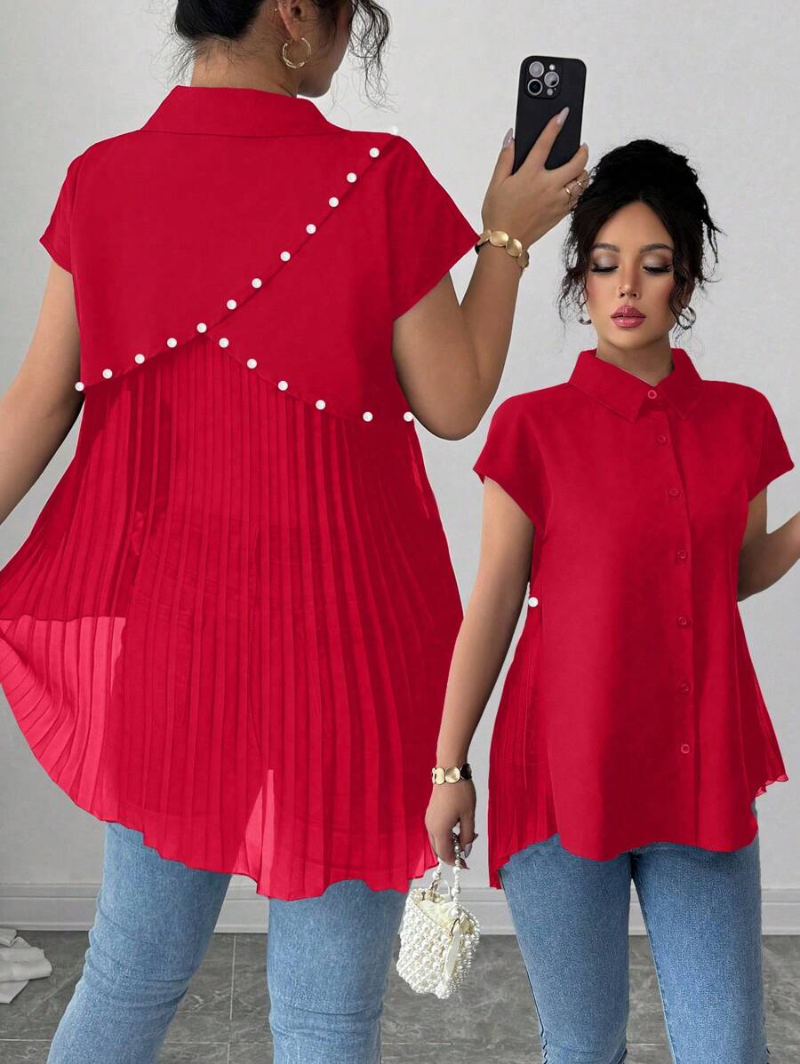 Elenzga Áo sơ mi nữ 2025 thiết kế mới viền bất đối xứng - Đỏ - Xem 1