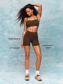 GLOWMODE 4.3" FeatherFit™ Level Up Buttery-Soft Stretchy Sweat-Wicking Active Biker Shorts Low Impact Yoga Pilates Barre Studio Daily Casual Wear - Chocolate Brown - View 2