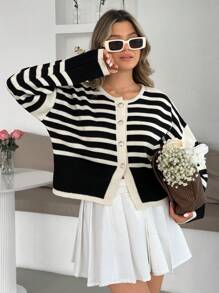 EURMUSE 女士黑白休闲毛衣 - 黑與白 - 查看 8