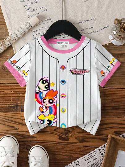 THE POWERPUFF GIRLS X SHEIN Young Girl Casual Blossom, Bubbles, Buttercup Pattern Short Sleeve T-Shirt, Summer