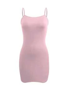 SHEIN Robe mini moulante à bretelles spaghetti de couleur unie pour femmes - Noir - Voir 3
