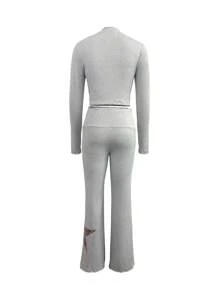 INAWLY 2 chiếc/Bộ Áo thun dài tay họa tiết hoa văn Pentagram & Leopard dành cho nữ và quần dài thường ngày - Xám - Xem 2