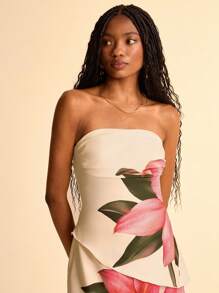 CAJUNI Blusa ajustada y sexy con pliegues, bajo asimétrico, estampado floral rosa sobre fondo albaricoque, adecuada para fecha, picnic, vuelta al colegio.