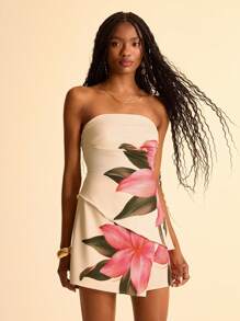 CAJUNI Blusa ajustada y sexy con pliegues, bajo asimétrico, estampado floral rosa sobre fondo albaricoque, adecuada para fecha, picnic, vuelta al colegio.