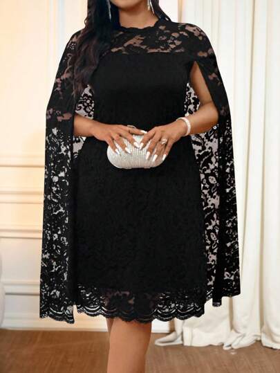Allurite Women's Plus Size Round Neck Slit Long Sleeve Cape Loose Fit Lace Dress Summer Women Outfit Spring Dress Elegant Lace Dress Wedding Women Dress Romantic Dress Wedding Guest Business Casual Dress