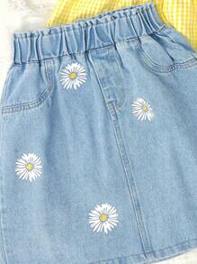 青少年女孩两件套可爱服装套装：休闲黄色格子吊带上衣，搭配雏菊花卉印花和荷叶边下摆，蓝色水洗牛仔雏菊印花迷你裙，活力休闲派对装，春夏 - 黃色 - 查看 4