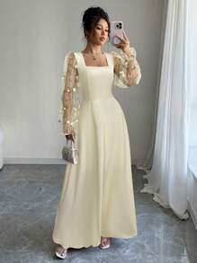 Firerie 女士网眼刺绣长袖方领系带 A 字裙，浪漫伴娘礼服，适合婚礼、派对、约会、毕业典礼、表演、音乐会