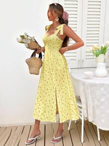 SHEIN VCAY 度假系带高开叉浪漫碎花女式连衣裙 - 黃色 - 查看 4