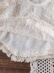 2件套少女图案钩针蕾丝花朵流苏背心上衣和冰丝褶皱阔腿裤夏季服装，度假，休闲，可爱 - 藍色 - 查看 4