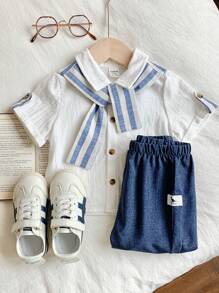 SHEIN Set abbigliamento estivo casual da 2 pezzi per bambino maschio, composto da camicia a righe con collo scialle e pantaloni con vita elastica