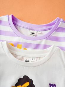 Blippi X SHEIN 年轻女孩 2 件套：可爱白色荷叶袖 T 恤和白色和紫色条纹荷叶袖 T 恤，夏季假日休闲装 - 彩色 - 查看 6