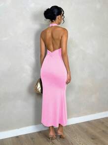 SHEIN PETITE 女士优雅简约纯色露背扭纹修身长裙，适合日常穿着女士休闲连衣裙女士连衣裙生日秋季女士服装返校