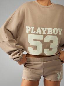Missguided x Playboy 大学运动短款运动衫，超大袖子，休闲运动，秋冬运动街头风格 - 灰色 - 查看 5