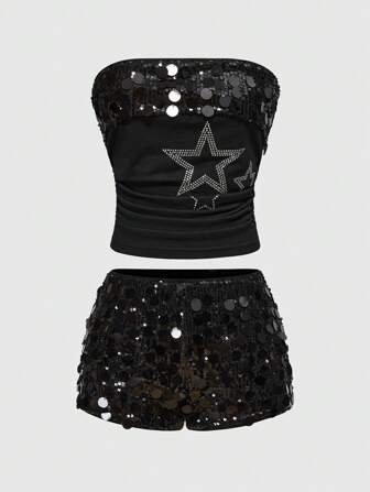 Grunge Punk Y2K Bead Sequin Material Sequins Embellished 2 Pieces Party Outfit For Women