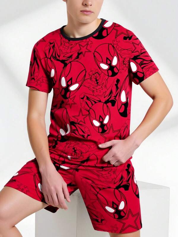 Snug Fit Pajama Set For Tween Boy Black Short Sleeve Top With Superhero Print & Allover Game Controller Print Shorts, Summer