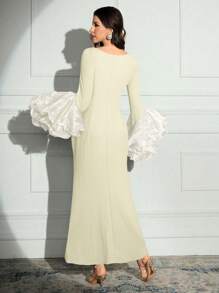 Modelyn Women's Solid Color Gathered Elegant Long Sleeve Dress - Yellow - View 2