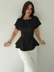 Firerie Camisa regular de mujer de estilo vintage con cuello redondo, manga corta, cintura recogida y textura de bambú negro, minimalista y elegante, adecuada para uso diario, vacaciones y playa - Negro - Ver 5