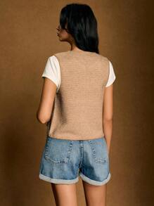 Poéselle Women's Solid Color Knot Round Neck Sleeveless Knit Cardigan, Summer Fashion, Knit Top Women, Tie Tops Summer Tops, Knit Vest, 70s Tops In Fall/Winter - Coffee Brown - View 2