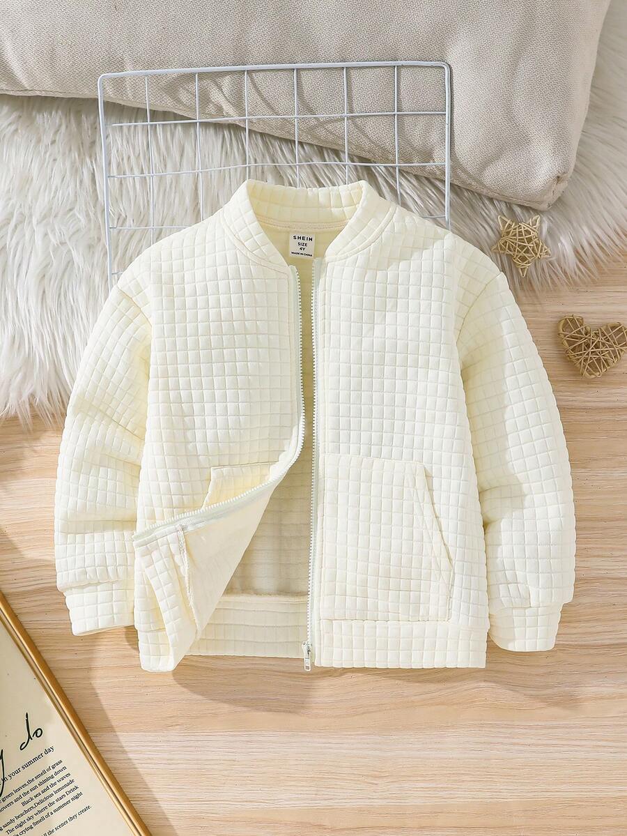SHEIN Young Boy Loose Casual Round Neck Drop Shoulder Long Sleeve Jacket Kids Zip Up Jacket Boys Quilted Jacket Kids Quilted Jacket,In Fall/Winter - Khaki - View 1