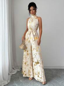 Elenzga Mono de pierna ancha elegante y romántico con cuello de volantes sin mangas para mujer, ideal para Halloween