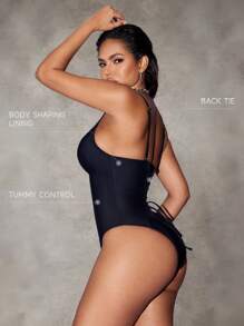 Shapewave 1 件女士网眼抽绳细肩带连体泳衣 - 黑色 - 查看 3