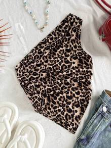 Áo bó sát họa tiết da báo một bên vai cho bé gái tuổi mới lớn, xếp ly eo không đối xứng, thời trang thu đông - màu nâu - Xem 3