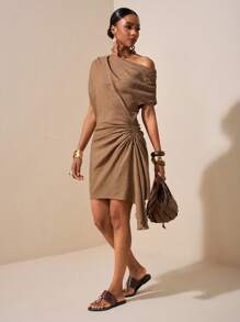 Zivah 2025 Summer New Style Birthday Party Daily Travel Basic And Versatile Leisure Vacation Cruise Travel Beach Sunbathing Internet Celebrity Hot Style Street Style Elegant Commuter Business Casual Off-Shoulder Slim Fit Asymmetrical Hem With Ribbon Khaki Summer Mini Dress Women's Dress - Khaki - View 6