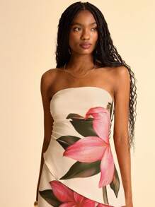 CAJUNI Blusa ajustada y sexy con pliegues, bajo asimétrico, estampado floral rosa sobre fondo albaricoque, adecuada para fecha, picnic, vuelta al colegio.
