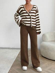EURMUSE Women Stripe Pattern Front Button V-Neck Drop Shoulder Cardigan & Sweater Pants Set - Brown - View 7