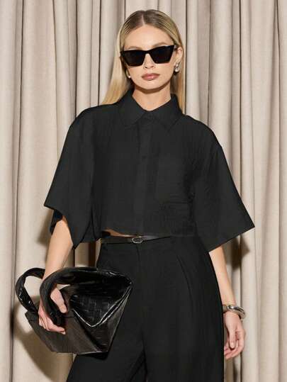 AiiRZ Designer Linen Blend Cropped Button Down Shirt Boxy Fit Office Casual Collared Workwear Essential Spring Summer Blouse Professional Business