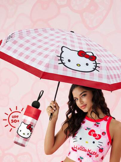 HELLO KITTY AND FRIENDS | SHEIN 1pc Cute Cartoon Pattern Manual Five-Fold Sunny Umbrella, Black Glue Sunscreen Coating, 50+ Uv Sunscreen Effect, Suitable For School, Work, Going Out And Daily Use, Designed For College Students, High School Students And Women,Kitty