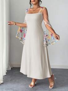 Elenzga Váy chữ A cổ vuông kiểu Pháp thanh lịch dành cho nữ, váy lưới thêu chắp vá bó sát - Màu be - Xem 5