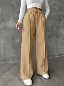 SHEIN Cottnline Damskie spodnie dresowe w jednolitym kolorze ze ściągaczem i prostymi nogawkami - Wielbłąd - Zobacz 4