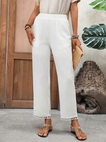 EMERY ROSE Pantaloni casual da donna di colore unito a vita stretta, pantaloni estivi da donna bianchi con tasche - Bianco - Visualizzare 5