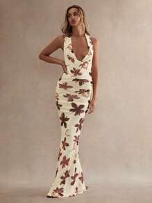 Glamine 性感垂坠领花卉印花长裙，适合海滩度假、夏秋女装返校季 - 黃色 - 查看 3