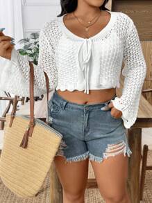 SHEIN LUNE Plus Size Women's Solid Color Knitted V-Neck Tie Front Hollow Out Flare Sleeve Cropped Cardigan, Minimalist Elegant Style For Summer Fall Winter Cloth For Women Autumn - White - View 4