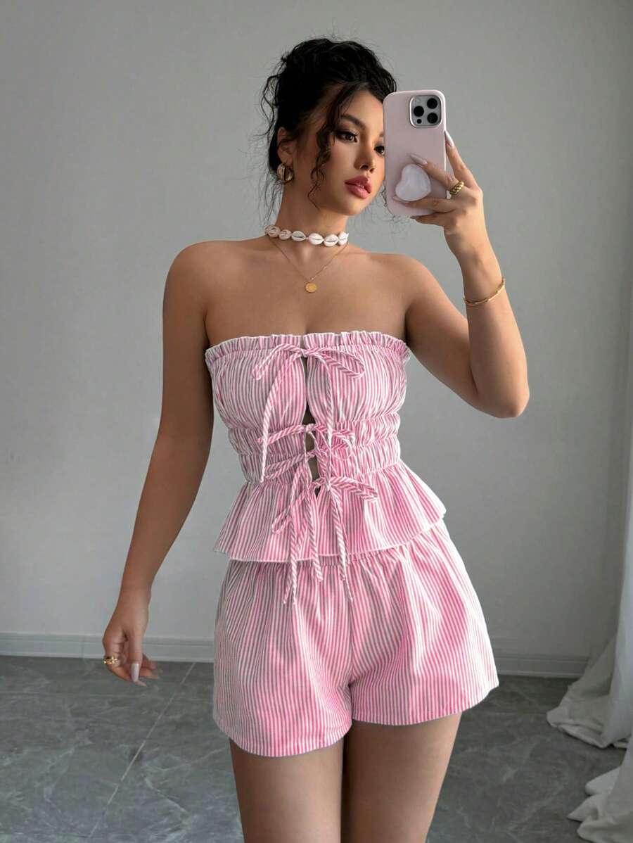 Elenzga 2pcs Set: Blue Striped Ruffle Hem Tie Front Crop Top + Elastic Waist Shorts, Suitable For Summer Vacation - Pink - View 1