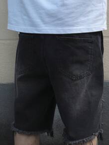 Manfinity EMRG Quần short denim nam dáng rộng dài đến đầu gối, có túi, gấu quần rách, kiểu dáng thoải mái. - màu đen - Xem 8