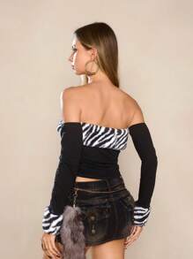 ROMWE J-Fashion Áo trễ vai ôm sát thời trang Y2K dành cho nữ - màu đen - Xem 5
