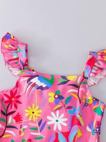 2pcs/Set Tween Girls Casual Mexican Girl Print Bowknot Cap Sleeve Top & Floral Pattern Flare Skirt Outfit - Multicolor - View 4