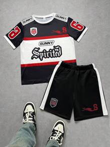 SHEIN 2pcs/Set Teenage Boys' Casual Streetwear Race Car Graphic Tee And Shorts Set, Comfortable Everyday Wear, Suitable For Commute, School, Vacation, Sports, Spring/Summer - Multicolor - View 1