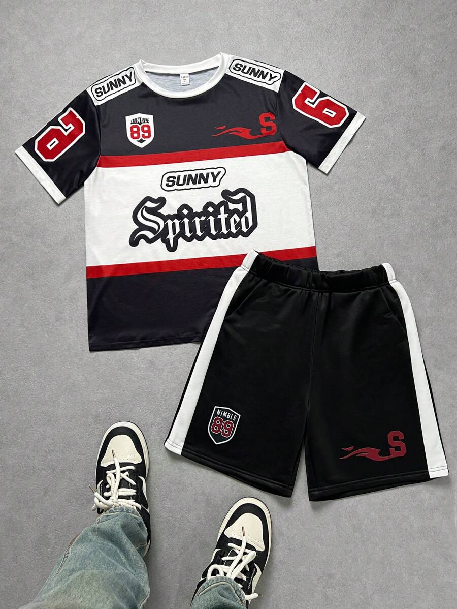 SHEIN 2pcs/Set Teenage Boys' Casual Streetwear Race Car Graphic Tee And Shorts Set, Comfortable Everyday Wear, Suitable For Commute, School, Vacation, Sports, Spring/Summer - Multicolor - View 1
