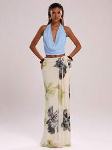 SHEIN BAE Áo ba lỗ hở lưng xếp ly cổ yếm màu trơn gợi cảm cho nữ - Màu xanh nhạt - Xem 6