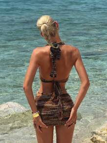 SHEIN ICON Váy bó sát theo phong cách Mỹ cổ điển có trang trí chuỗi ngọc trai - màu nâu - Xem 2