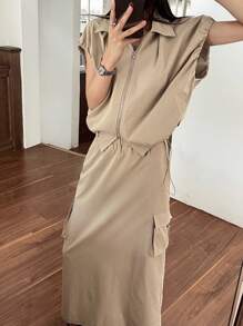 DAZY 2pcs Women Utility Style Top And Skirt Set - Khaki - View 3