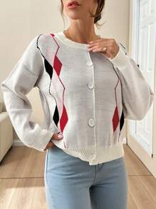 EURMUSE Women Geometric Printed Jaquard Cardigan With Button,Long Cardigans Woman,Petite Cardigans,Cardigans - Multicolor - View 4