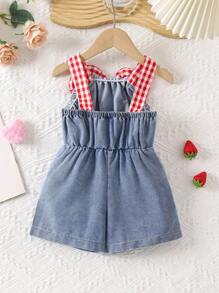 女婴蝴蝶装饰格子连体裤短裤 - 淺色水洗藍 - 查看 3