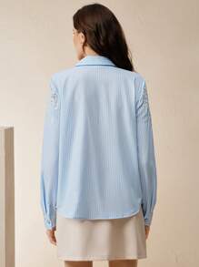 Anewsta Elegancka, nowoczesna bluzka z wyciętym wzorem kwiatowym, stylowa koszula z długim rękawem na wiosnę/lato - Niebieski - Zobacz 2