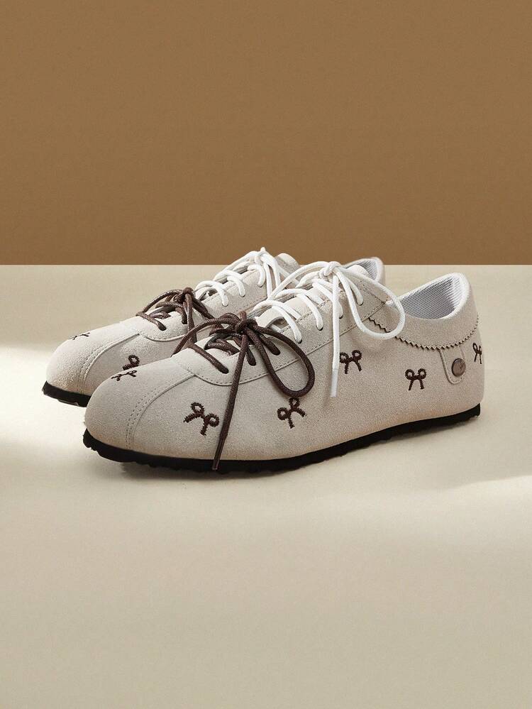 CUCCOO EASI Butterfly Embroidered Round Toe Flat Casual Sport Shoes, PU Leather Apricot Casual Sneakers For Everyday Indoor & Outdoor Wear For Christmas