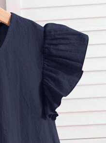 SHEIN Everyday Casual Navy Blue Two-Piece Set With Short Ruffle Sleeve Blouse And Pants - Navy Blue - View 3